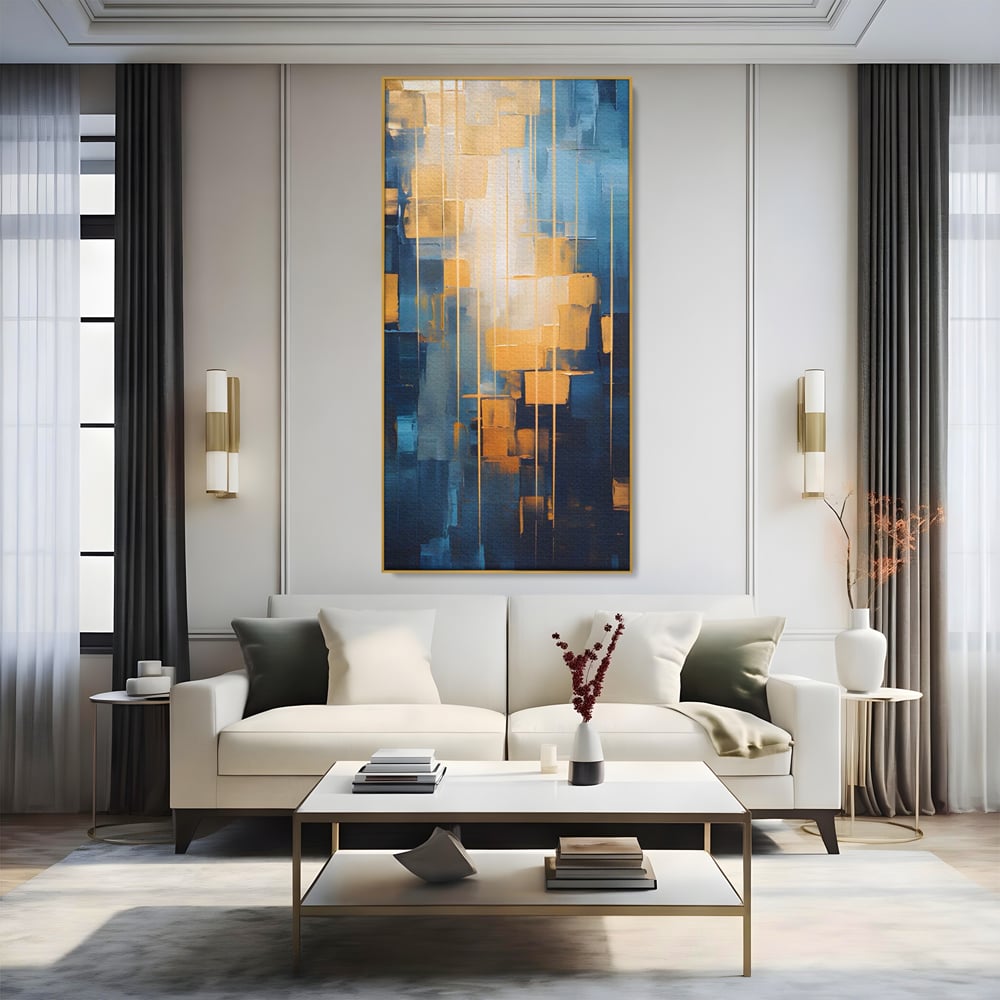 Tablou canvas cu pictura abstracta cu linii aurii, in rama de aluminiu auriu, pe perete intr-un living